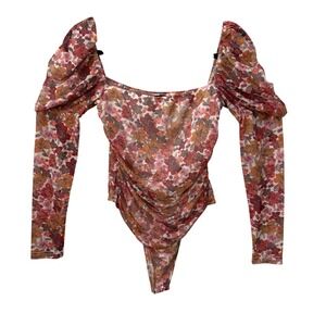 ANAA Floral Mesh Ruched Bodysuit Square Neck Puff Sleeve Long Sleeve